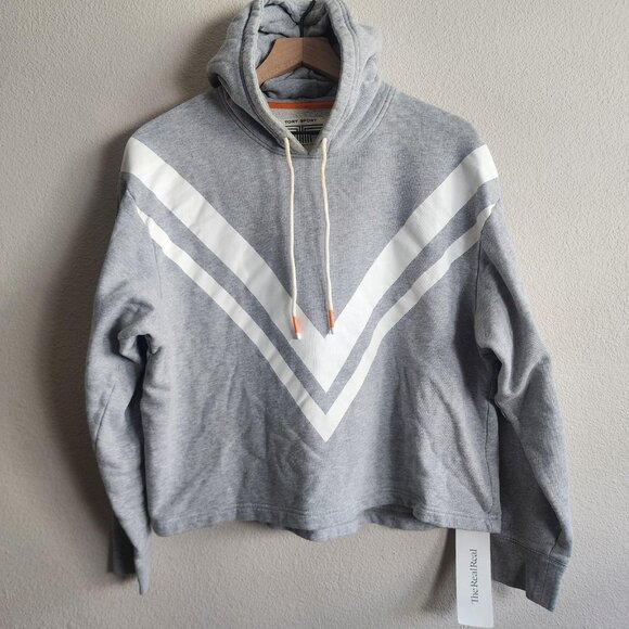 Tory Sport Hoodie Womens XS Gray Chevron V Stripe Cropped Pullover Sweatshirt